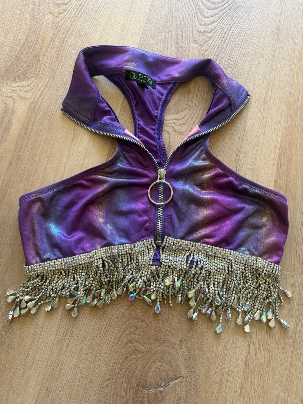 Club Exx Iridescent Purple Zip Halter Crop Top with Beaded Fringe